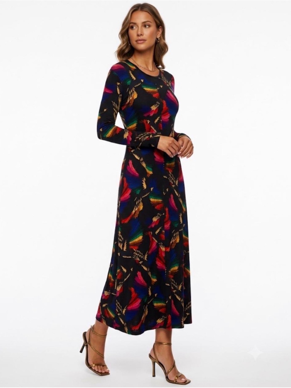 FARM Rio Black Abstract Toucan Feathers Long Sleeve Maxi Midi Dress 